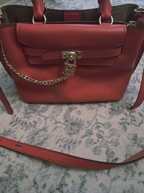 Michael Kors Coral-Red Leather Satchel with Gold Charm Chain